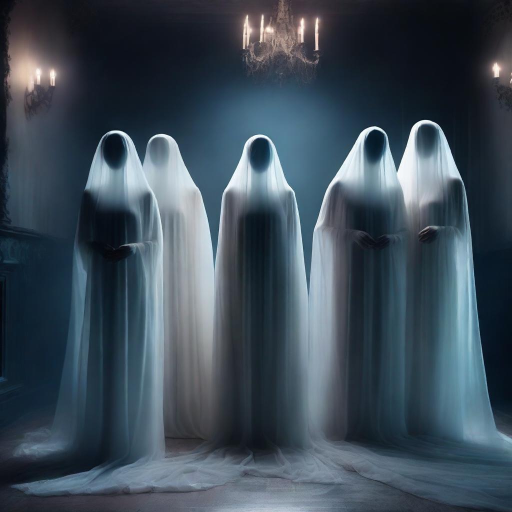 A group of alluring female ghosts with a seductive appearance, floating in a mysterious and eerie haunted house