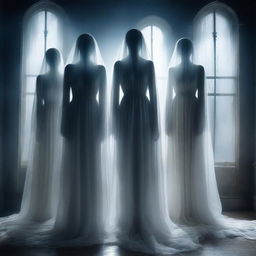 A group of alluring female ghosts with a seductive appearance, floating in a mysterious and eerie haunted house