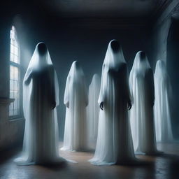 A group of alluring female ghosts with a seductive appearance, floating in a mysterious and eerie haunted house