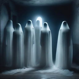 A group of alluring female ghosts with a seductive appearance, floating in a mysterious and eerie haunted house