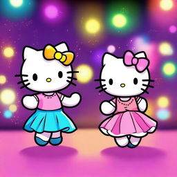 Hello Kitty and her friend dancing and having fun in a vibrant disco club with colorful lights and a lively atmosphere