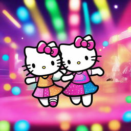 Hello Kitty and her friend dancing and having fun in a vibrant disco club with colorful lights and a lively atmosphere