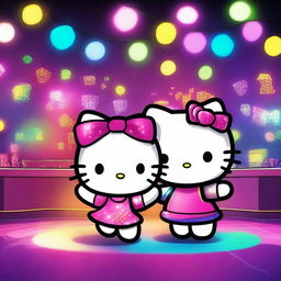 Hello Kitty and her friend dancing and having fun in a vibrant disco club with colorful lights and a lively atmosphere