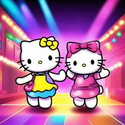 Hello Kitty and her friend dancing and having fun in a vibrant disco club with colorful lights and a lively atmosphere