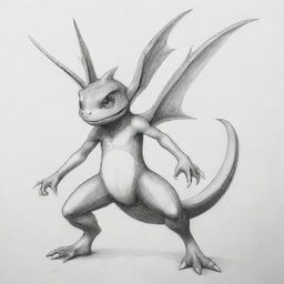 A pencil sketch of a unique Pokémon combining Greninja's body, Charizard's wings, and a frog's face.