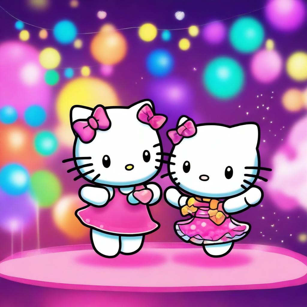 Hello Kitty and her friend dancing in a vibrant disco club, surrounded by colorful lights and a lively atmosphere