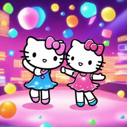 Hello Kitty and her friend dancing in a vibrant disco club, surrounded by colorful lights and a lively atmosphere