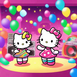 Hello Kitty and her friend dancing in a vibrant disco club, surrounded by colorful lights and a lively atmosphere