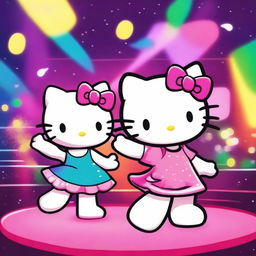 Hello Kitty and her friend dancing in a vibrant disco club, surrounded by colorful lights and a lively atmosphere