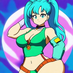 A detailed illustration of Bulma from Dragonball in a sexy pose