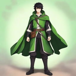 Create a full-body character of a male aged 16-18 years old with black hair and green eyes