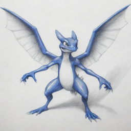 A pencil sketch of a unique Pokémon combining Greninja's body, Charizard's wings, and a frog's face.