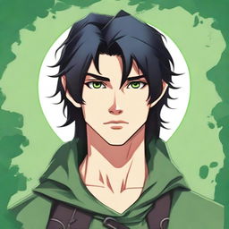 Create a full-body character of a male aged 16-18 years old with black hair and green eyes