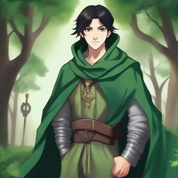 Create a full-body character of a male aged 16-18 years old with black hair and green eyes