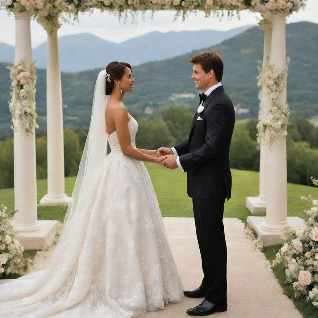 Tom Cruise in a suave tuxedo exchanging vows with a woman in a stunning bridal gown in a picturesque wedding setting.