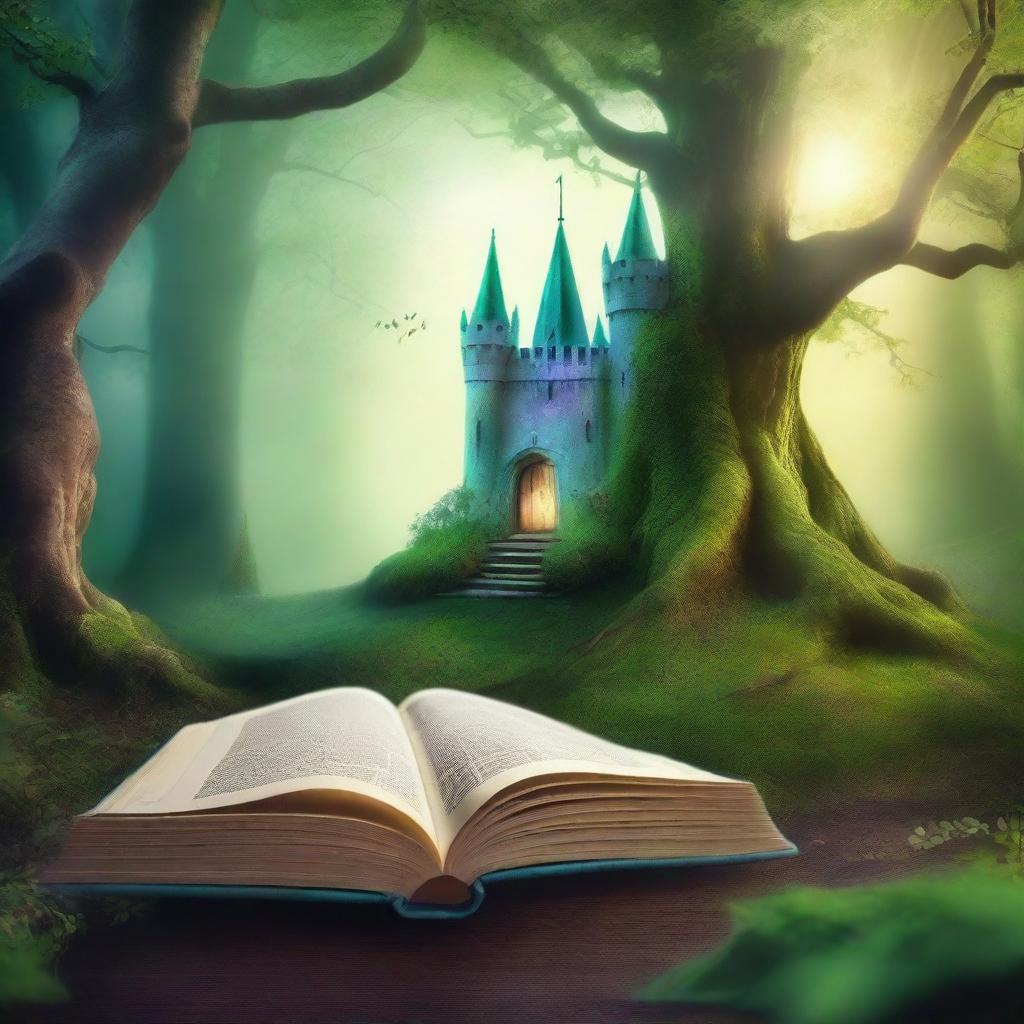 Create a captivating book cover featuring an enchanted forest with a mystical aura