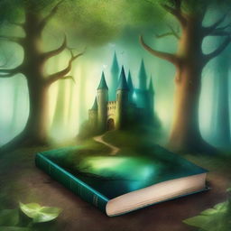 Create a captivating book cover featuring an enchanted forest with a mystical aura