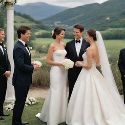 Tom Cruise in a suave tuxedo exchanging vows with a woman in a stunning bridal gown in a picturesque wedding setting.