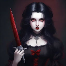 A vampire girl with pale skin and dark, flowing hair, holding a sharp knife