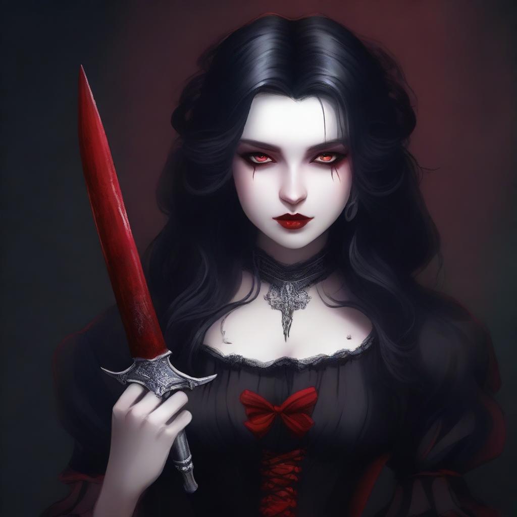 A vampire girl with pale skin and dark, flowing hair, holding a sharp knife