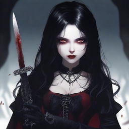 A vampire girl with pale skin and dark, flowing hair, holding a sharp knife