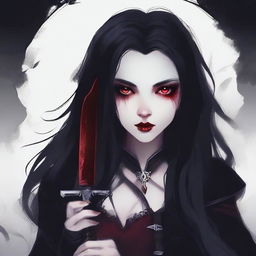 A vampire girl with pale skin and dark, flowing hair, holding a sharp knife