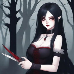 A vampire girl with pale skin and dark, flowing hair, holding a sharp knife