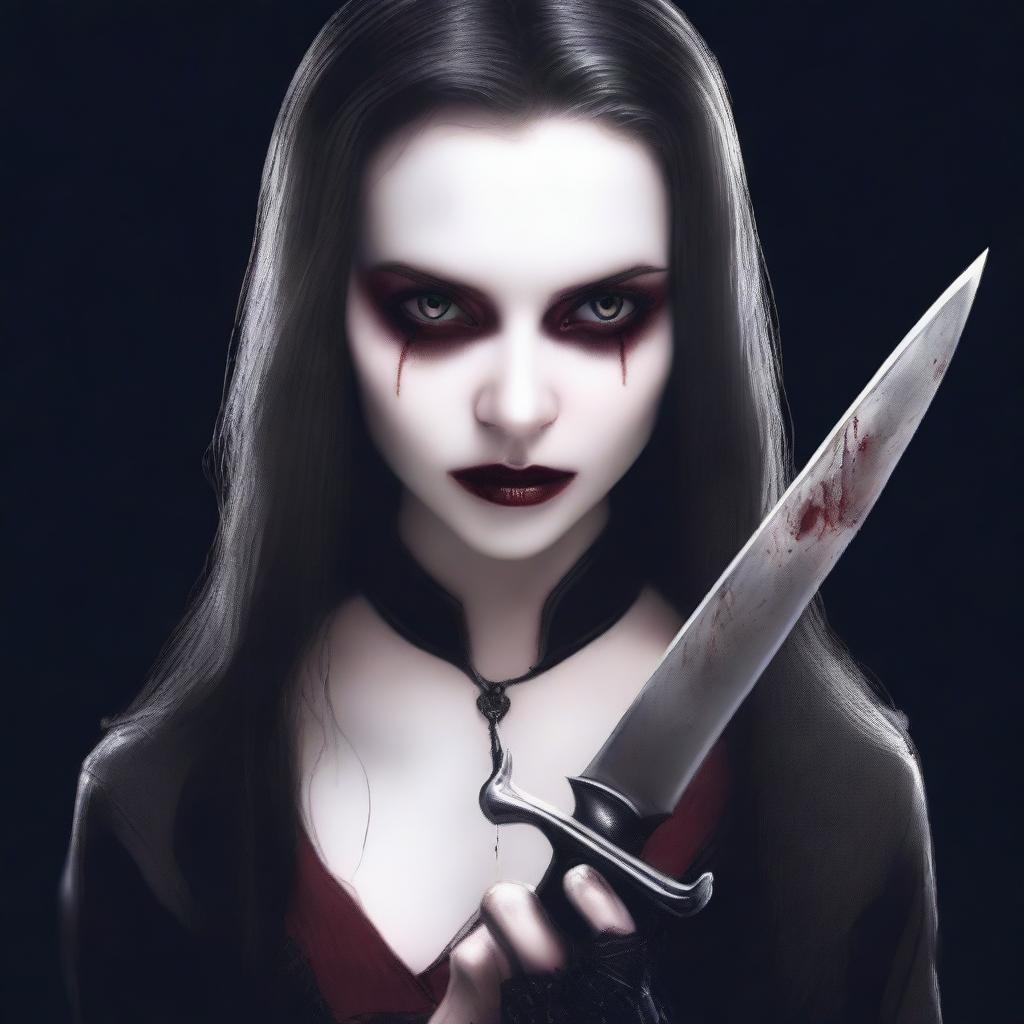 A realistic portrayal of a vampire girl holding a knife