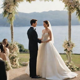 Tom Cruise in a suave tuxedo exchanging vows with a woman in a stunning bridal gown in a picturesque wedding setting.