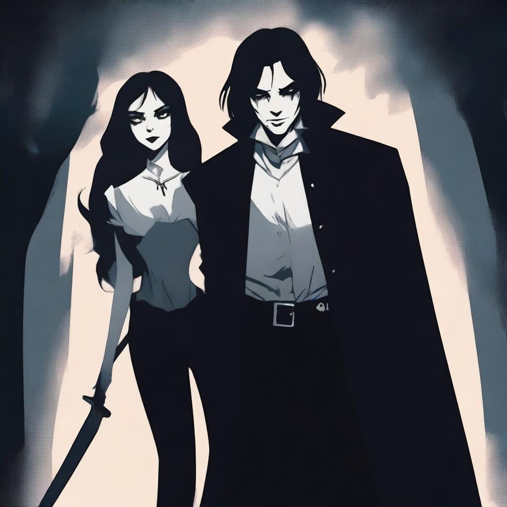 A shadowy figure of a man stands behind a vampire girl who is holding a knife