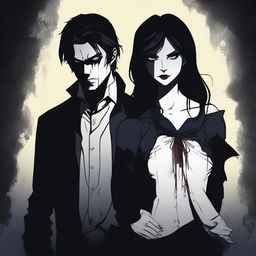 A shadowy figure of a man stands behind a vampire girl who is holding a knife