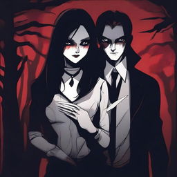 A shadowy figure of a man stands behind a vampire girl who is holding a knife