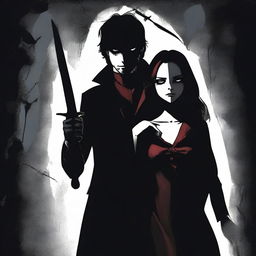 A shadowy figure of a man stands behind a vampire girl who is holding a knife