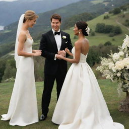 Tom Cruise in a suave tuxedo exchanging vows with a woman in a stunning bridal gown in a picturesque wedding setting.