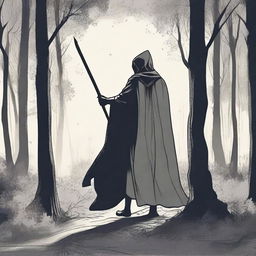 A figure stands in the woods at midnight in summer, with a cape covering their whole body, reaching to the knees