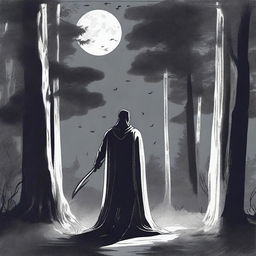 A figure stands in the woods at midnight in summer, with a cape covering their whole body, reaching to the knees