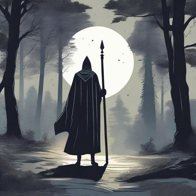 A figure stands in the woods at midnight in summer, with a cape covering their whole body, reaching to the knees