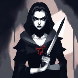 A vampire girl holding a knife with a determined expression