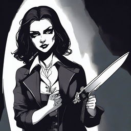 A vampire girl holding a knife with a determined expression