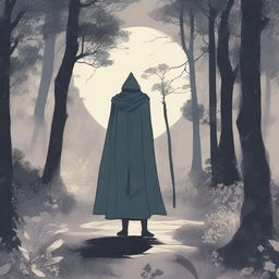 A figure stands in the woods at midnight in summer, with a cape covering their whole body, reaching to the knees