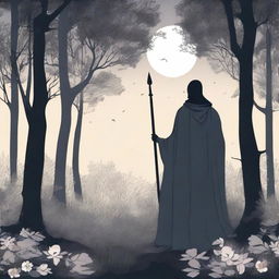 A figure stands in the woods at midnight in summer, with a cape covering their whole body, reaching to the knees