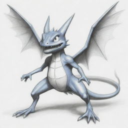 A pencil sketch of a unique Pokémon hybrid, having Greninja's body, Charizard's wings, and a frog-like face.