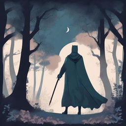 A figure stands in the woods at midnight in summer, with a cape covering their whole body, reaching to the knees