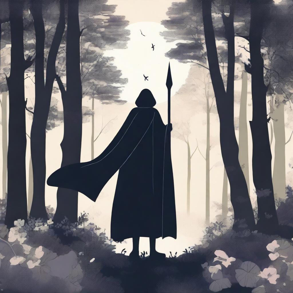 A figure stands in the woods at midnight in summer, with a cape covering their whole body, reaching to the knees