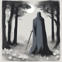 A figure stands in the woods at midnight in summer, with a cape covering their whole body, reaching to the knees