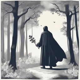 A figure stands in the woods at midnight in summer, with a cape covering their whole body, reaching to the knees