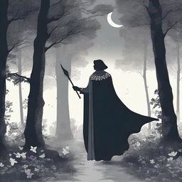 A figure stands in the woods at midnight in summer, with a cape covering their whole body, reaching to the knees