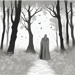 A figure stands in the woods at midnight in summer, with a cape covering their whole body, reaching to the knees