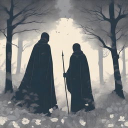 A figure stands in the woods at midnight in summer, with a cape covering their whole body, reaching to the knees