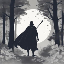 A figure stands in the woods at midnight in summer, with a cape covering their whole body, reaching to the knees